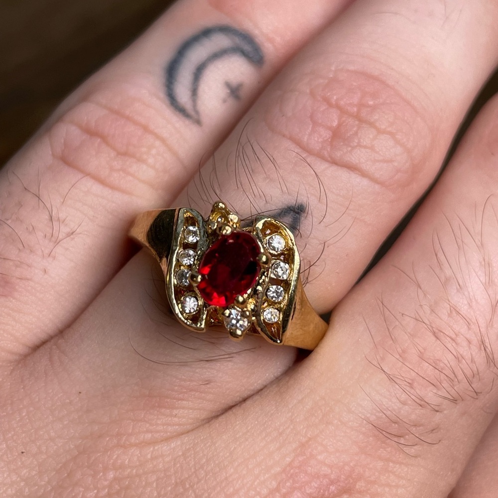 Vintage Deadstock 24KT Gold Filled Ring with Natural Tourmaline & Quartz Crystal